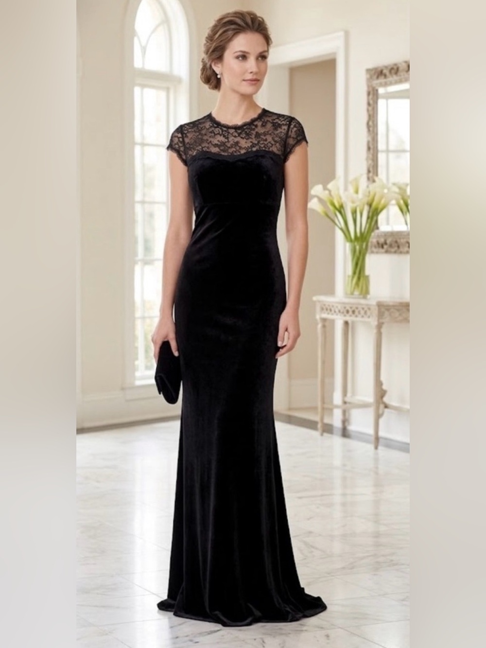 NEW Jessica McClintock  Lace Black Velour Velvet Maxi Dress Size 2